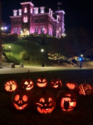 halloween pumpkins in front of admin building